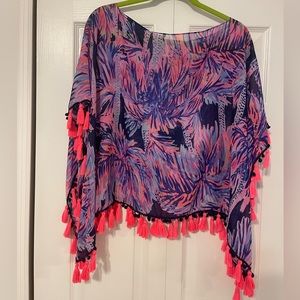 Lilly Pulitzer pink/ blue marina poncho with pom poms and tassels.
